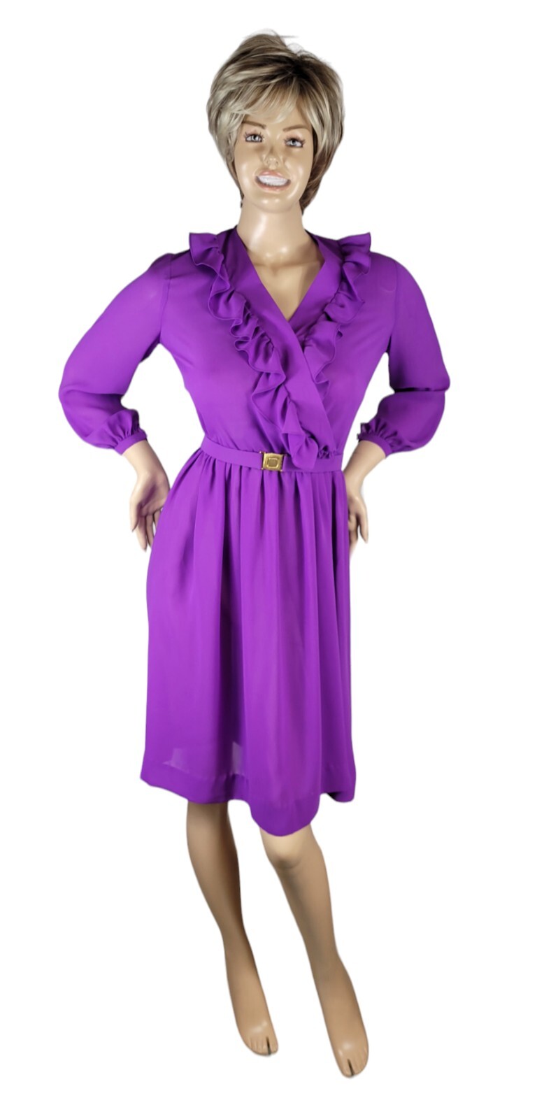 Vintage 80s Toni Todd Fit & Flare Blouson Ruffle Belted Purple Secretary Dress M