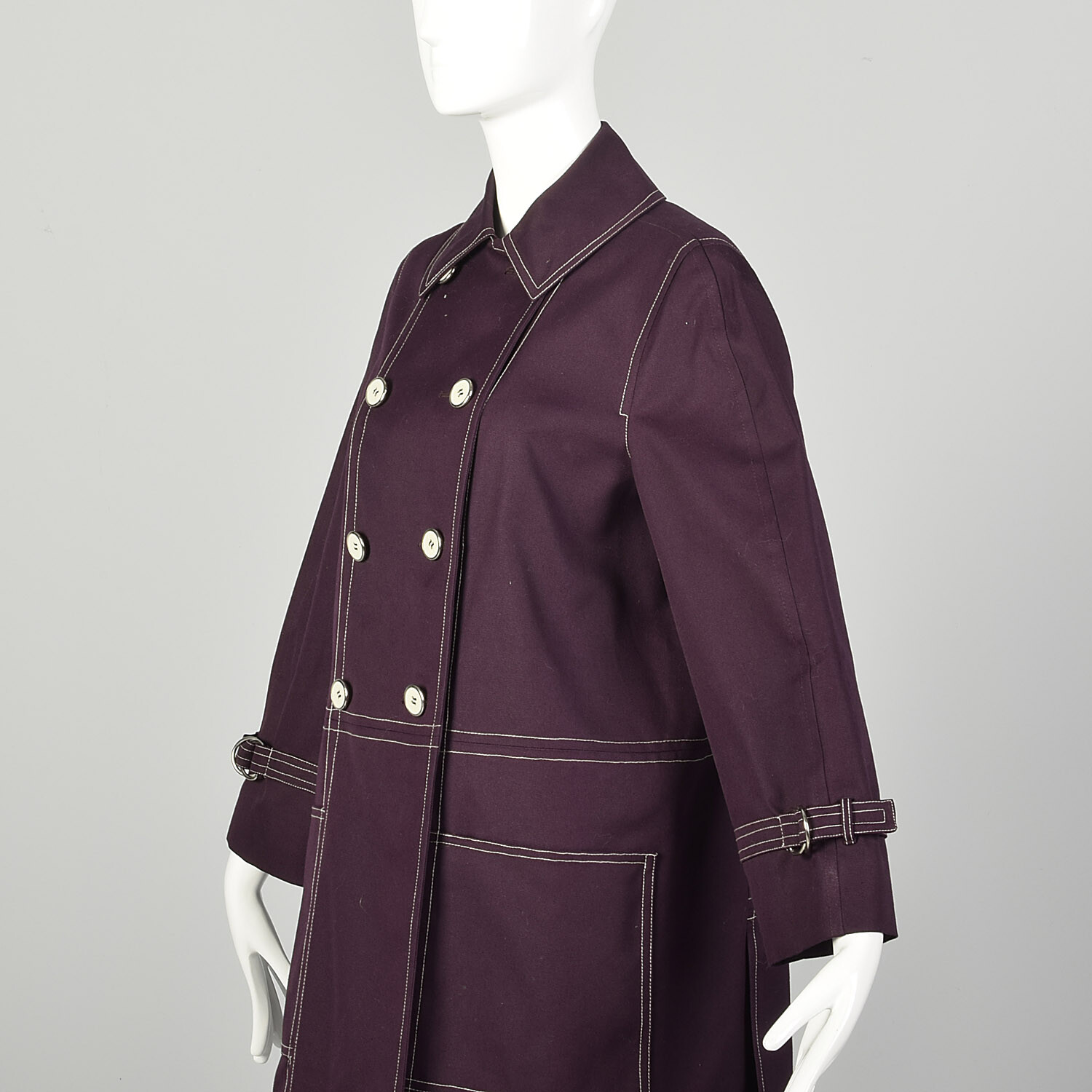Medium 1960s Coat Plum Aubergine Mod Double Breasted Canvas Autumn VTG 60s