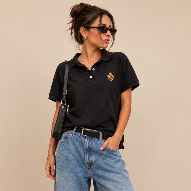 Ralph Lauren Black Polo Shirt 90s Vintage Crest Logo Cotton Preppy Small