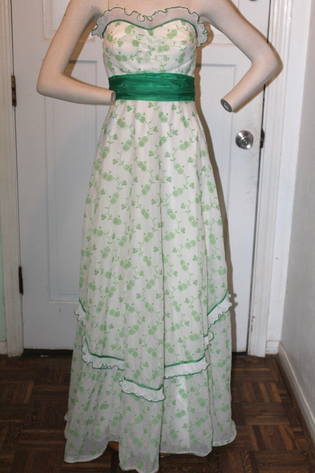 Vtg 1970s Nadine Strapless Eyelet Embroidery Overskirt Fancy Back Long Dress
