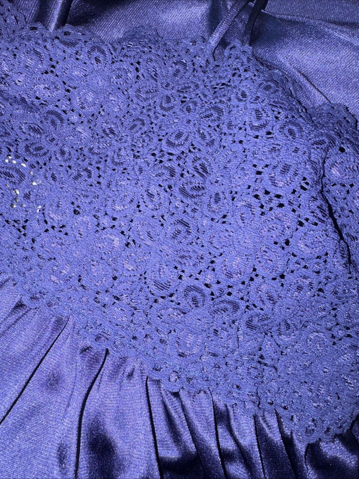 VTG VANITY FAIR Navy BLUE SWEEP NIGHT GOWN Large Long stretch Lace BODICE Gown