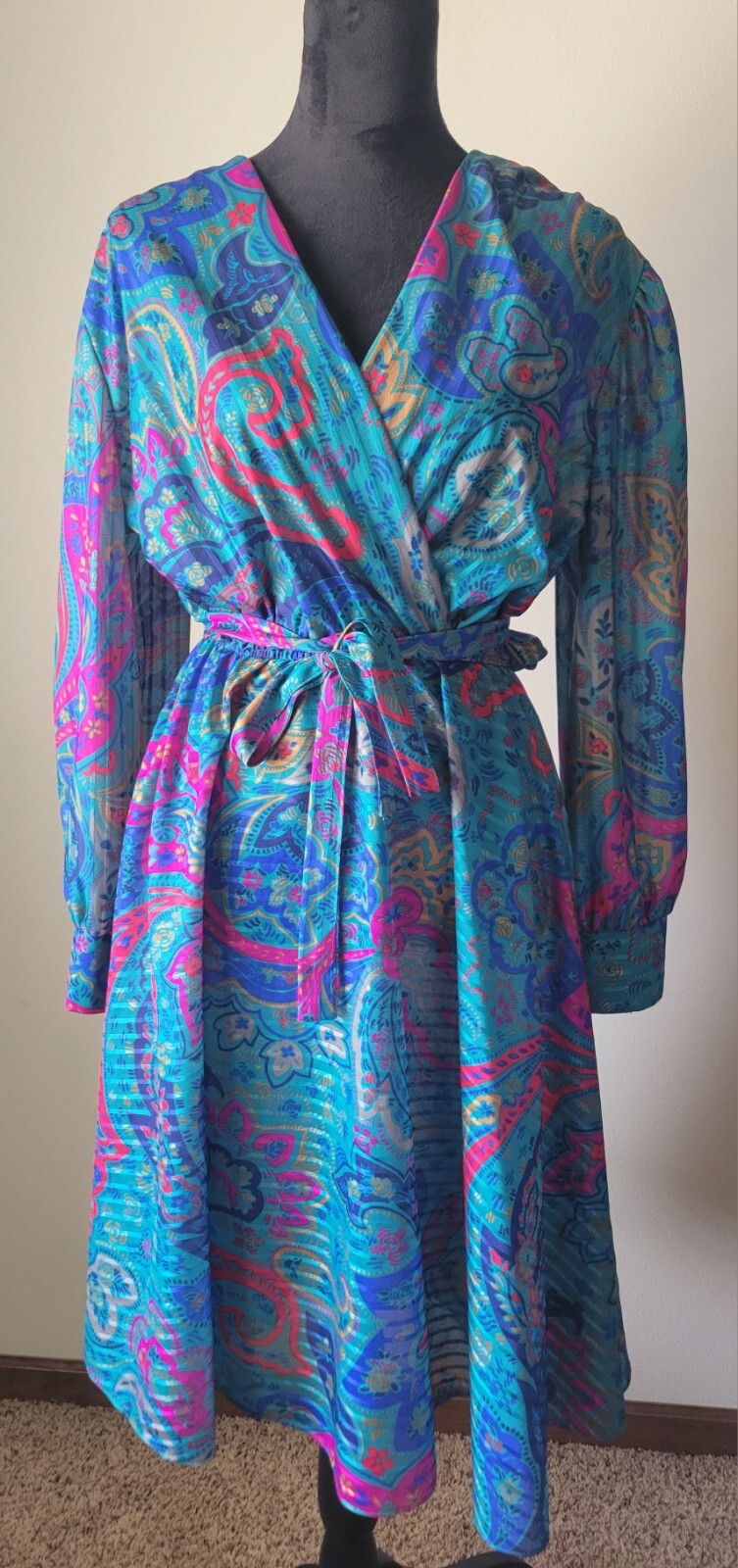 Vintage Ajax I Love New York Colorful Teal Design Paisley Tie Midi Dress
