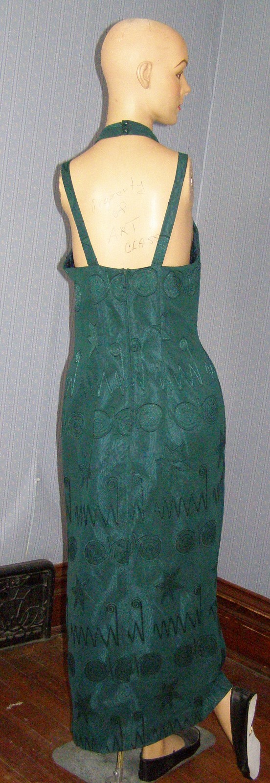 Vintage 90&rsquo;s forest green EMBOSSED SHAPES evening dress M L TRIBAL art deco