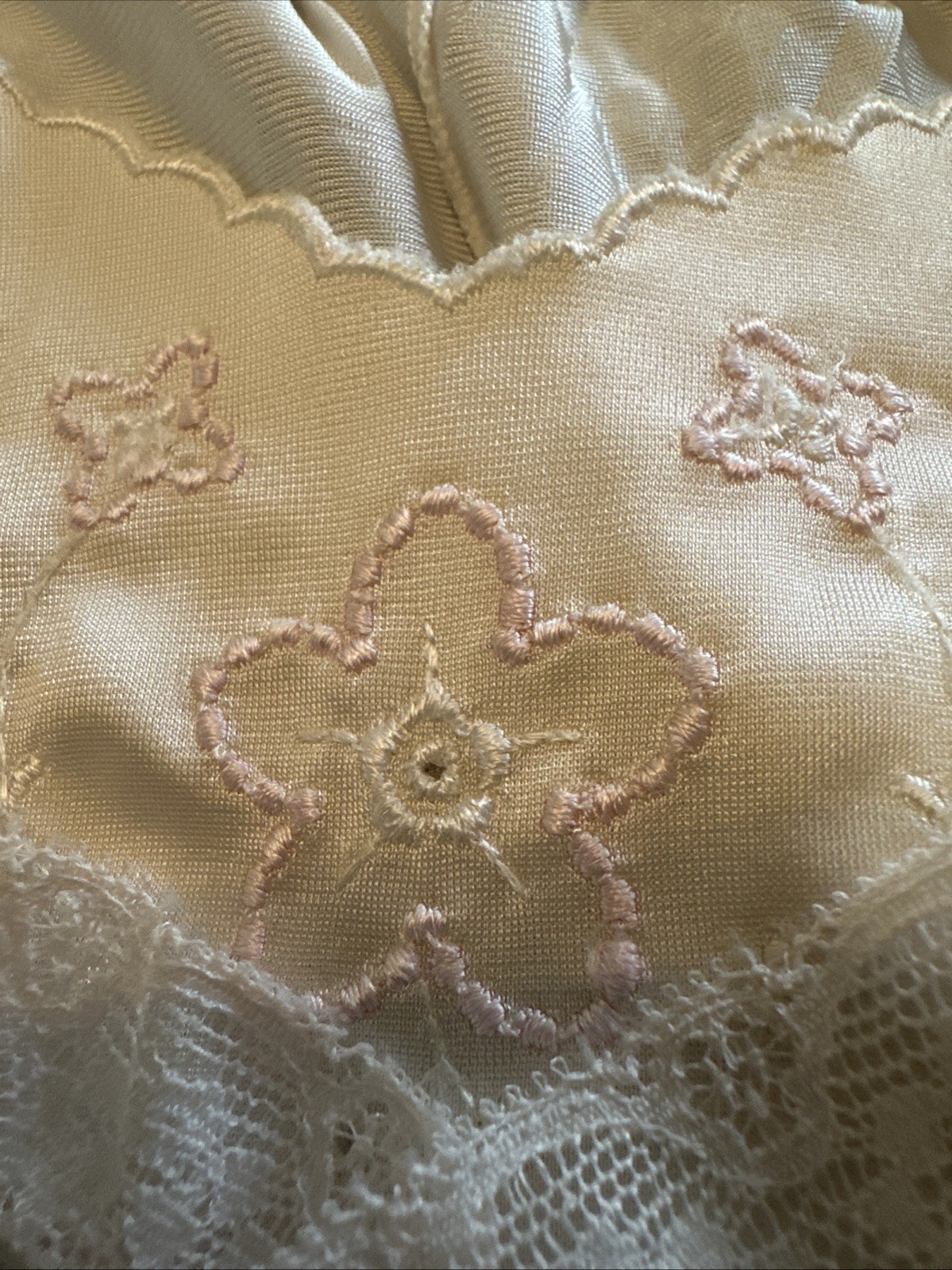 Vintage SHADOWLINE White Nylon Gown With Pink Embroidered Flowers On Bodice Sz M