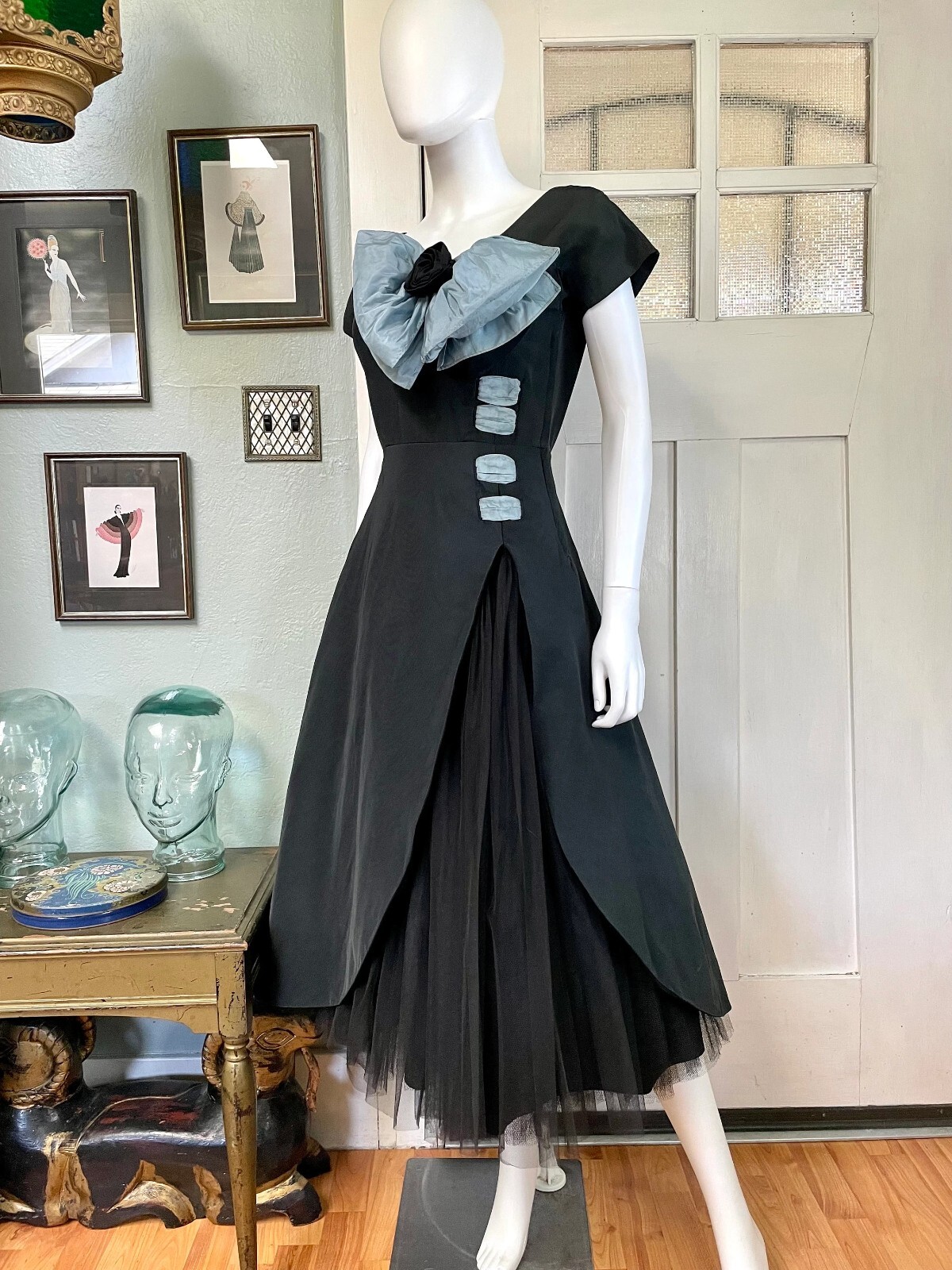 True Vintage 50s Small Medium Cadillac Originals black faille with bow dress