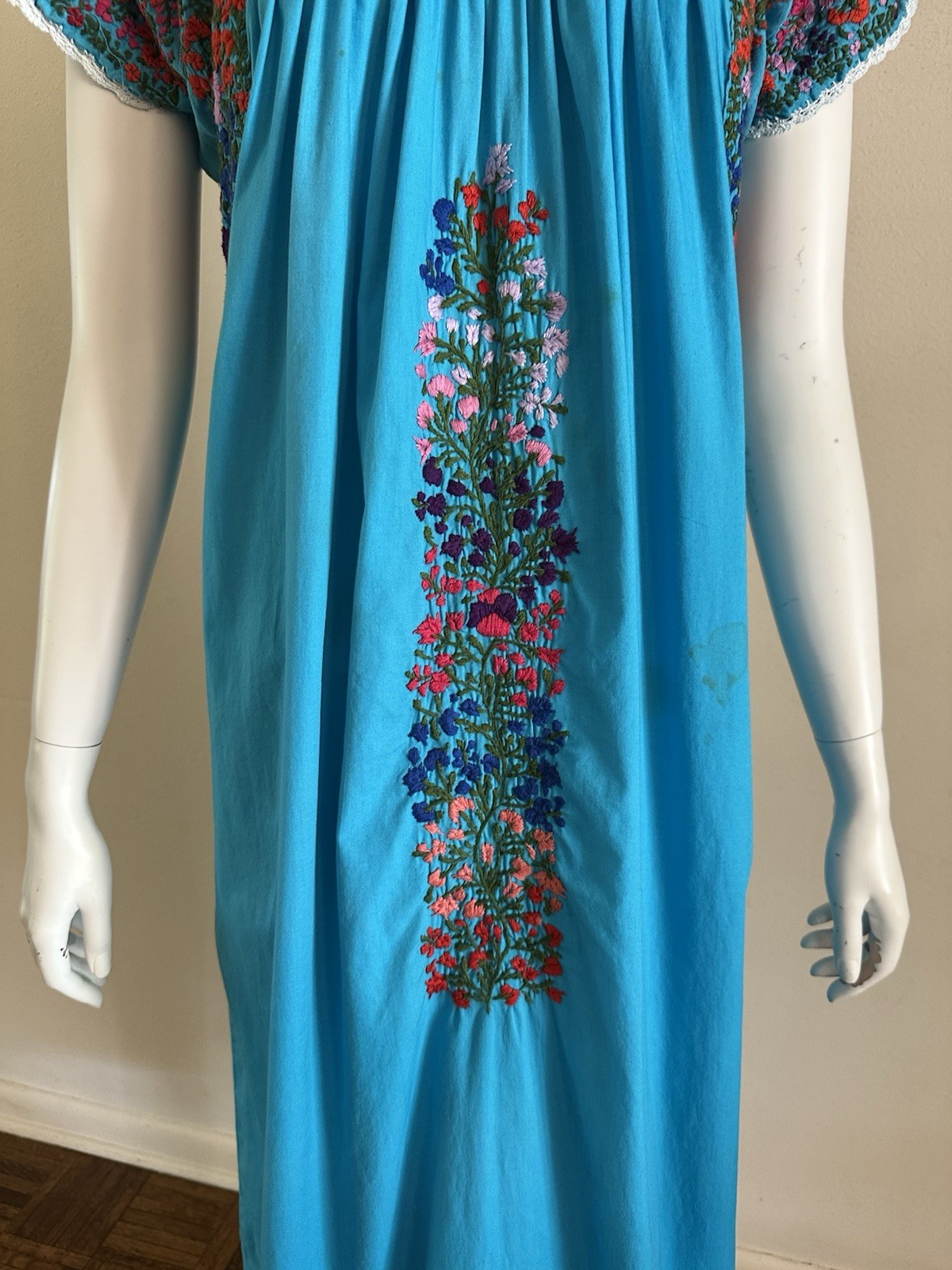 1970s Cotton Oaxacan Mexican Huipil Dress Embroidered Maxi STAINED AS IS Vintage