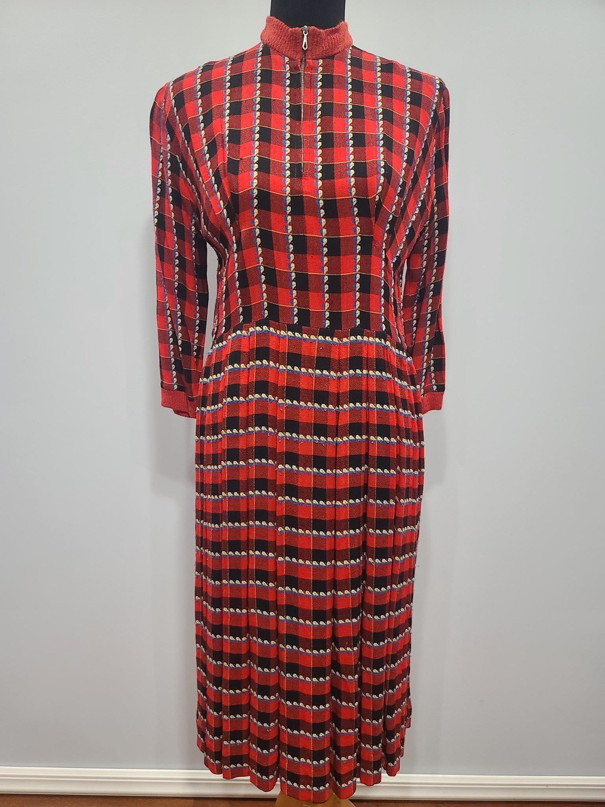 Vintage 1940s German Red & Black Plaid Dress with Heart Designs Winter Warm WWII