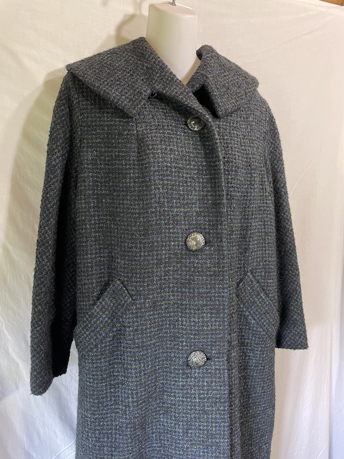 Vintage Coat Size Medium Large Long Wool Black Blue Green Gingham Overcoat M L