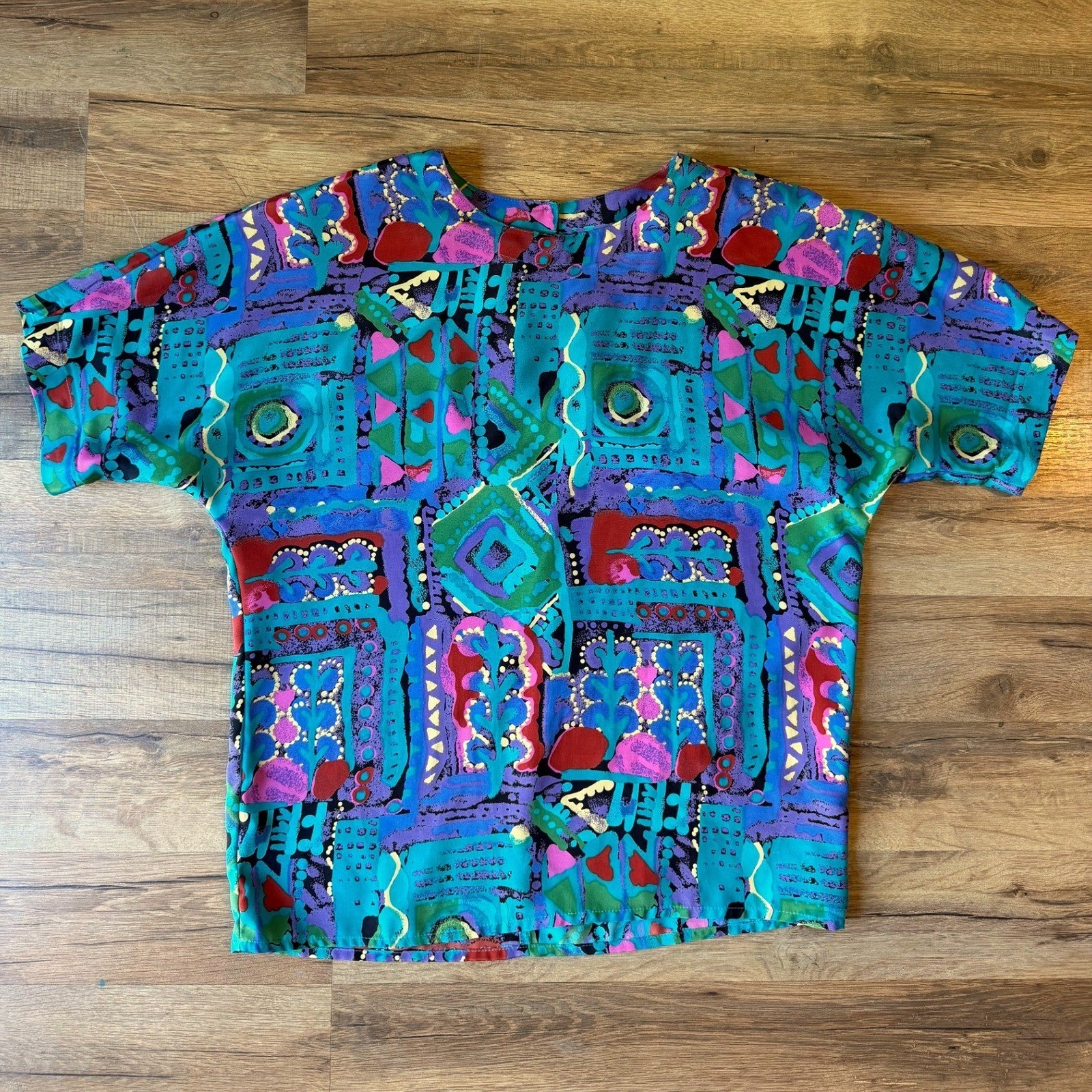 Vintage Blouse Multicolor Abstract Geometric Button Back 80s 90s Crop Top Indie