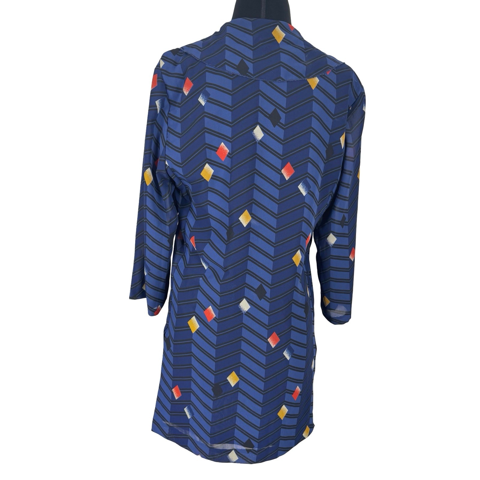 Vintage 80s Geometric Optical Illusion Tunic Blouse Sheer Chiffon Side Slits Top