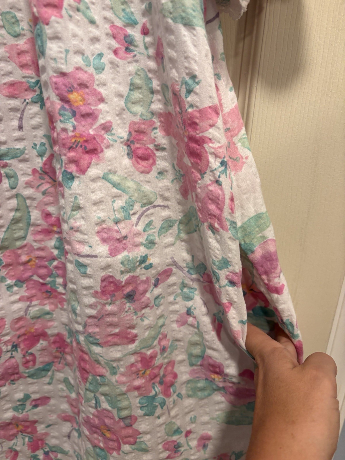 Vintage 90s Miss Elaine Size 1X Nightgown Robe Snaps Pockets Seersucker Lace
