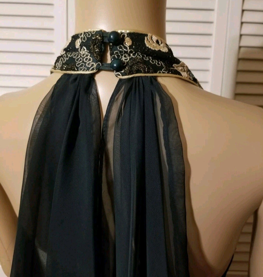 Vintage Aspeed Size Medium Formal Dress Green Velvet Gold Embroidered Sleeveless