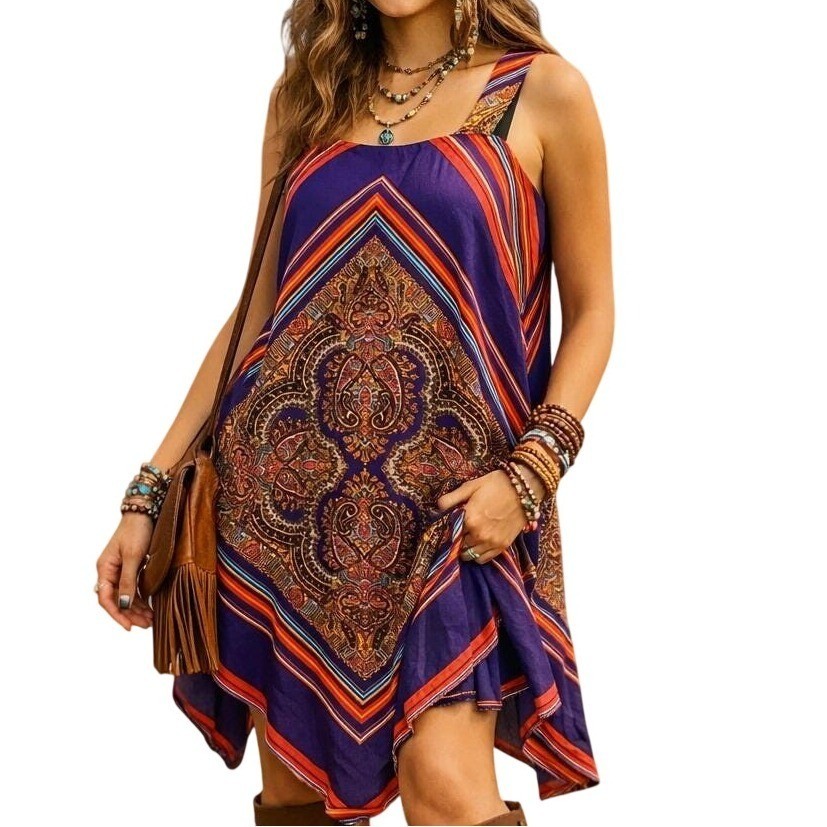Vintage 70s Union Made Frayed Hem Paisley Abstract Bright Tunic Dress Boho Hippy