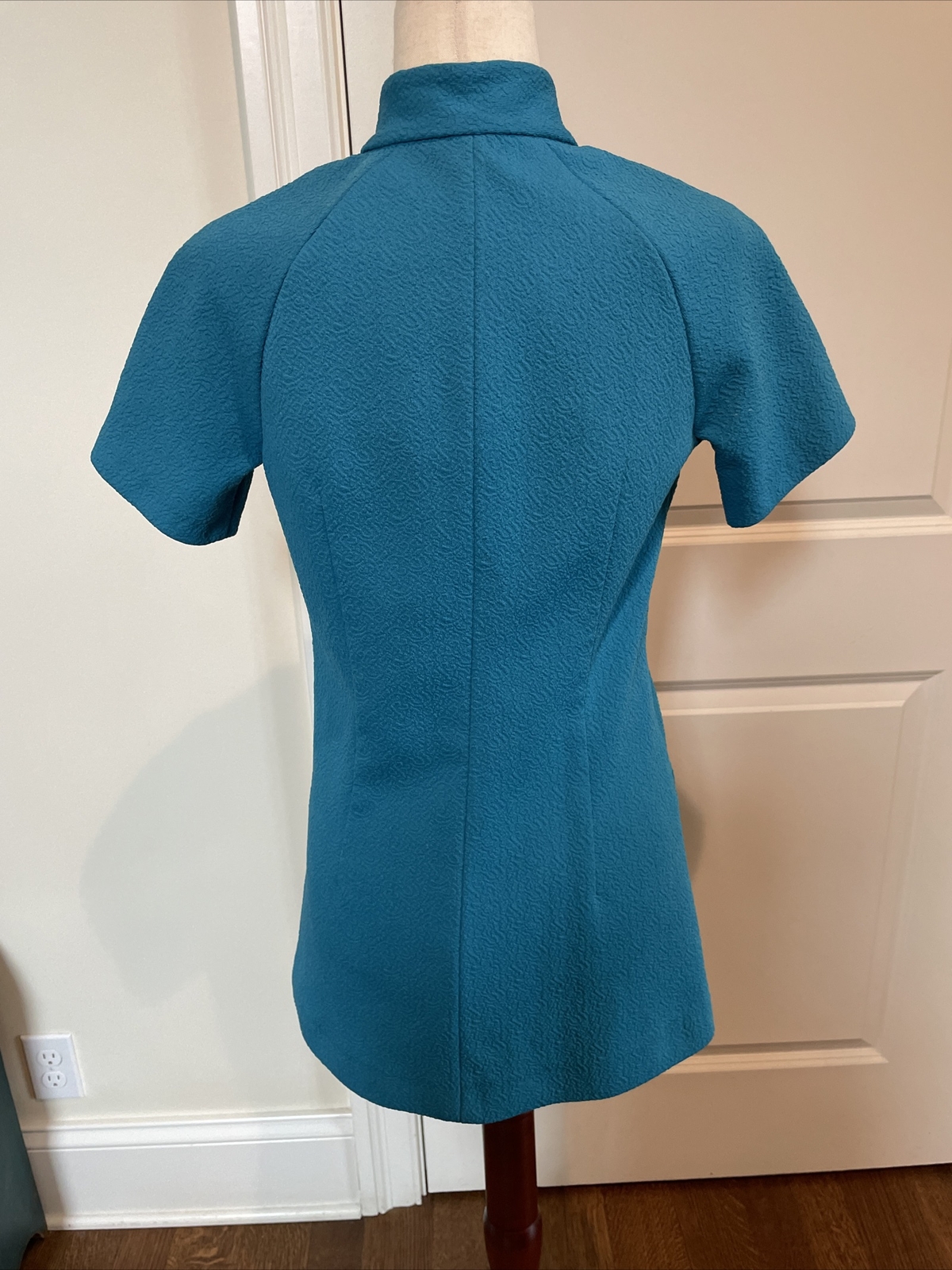 Vintage 60s 70s Medium Tunic Top Mod Retro Damask Aqua Blue Zip Up Short Sleeve
