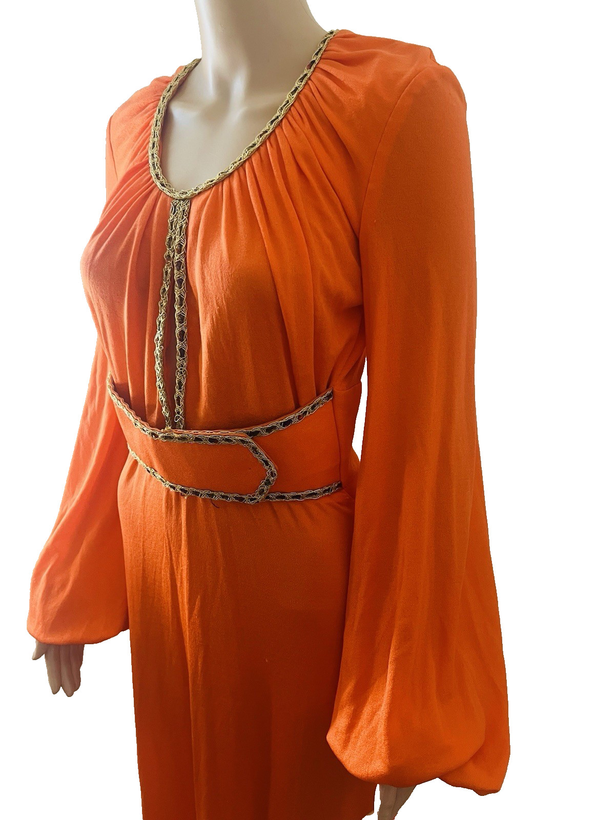 VTG 70s Funky Mod Orange Belted Maxi Dress Sexy Plunging Keyhole Front/Back Med