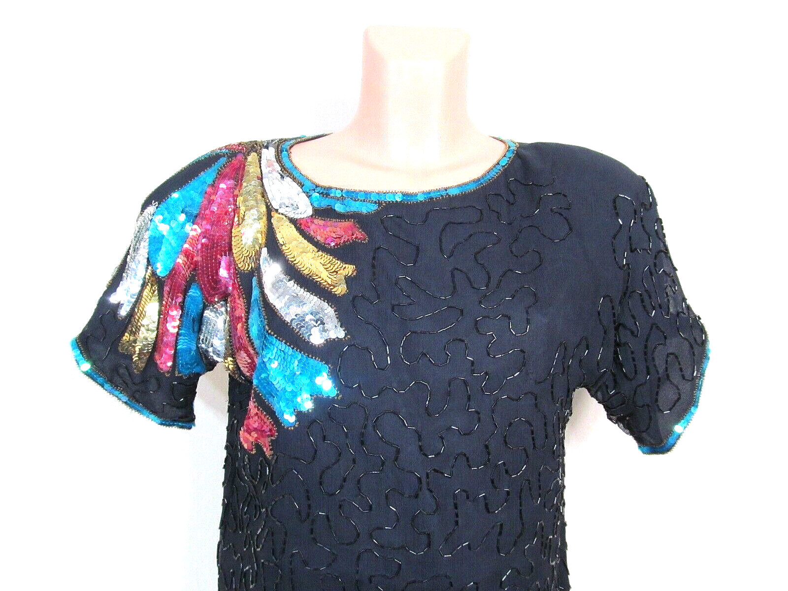 KAUR L Black Silk Vibrant Multicolor Sequined Beaded S/S Mardi Gras Party Top