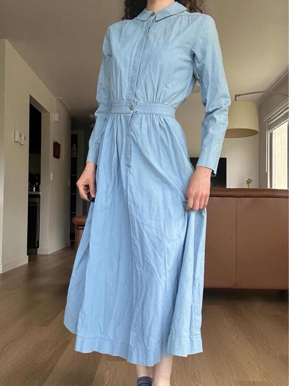 Vintage 1970s Handmade Western Chambray Dress Peter Pan Collar