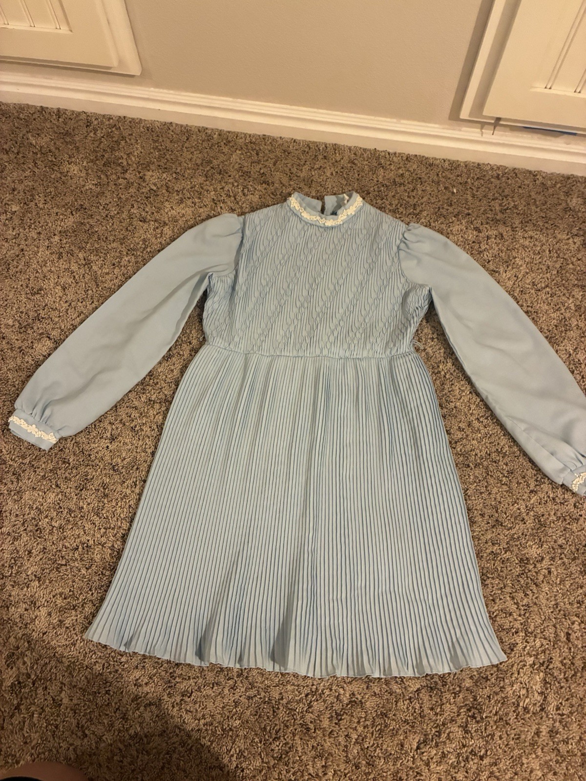 Vintage 1960s Fit And Flare Pleated Skirt Long Sleeve Knee Length Dress Blue XS