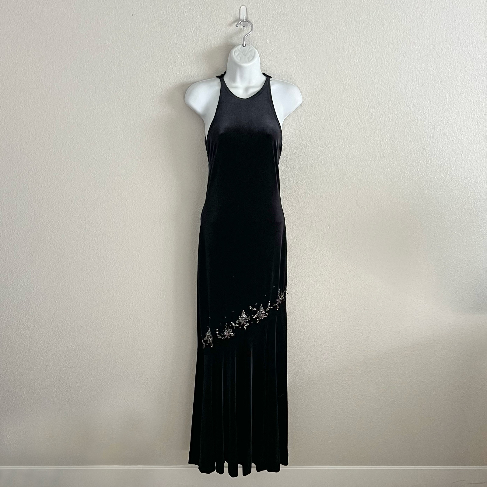 90s Black Velvet Beaded High Neck Evening Gown Scott McClintock Vintage Size XS