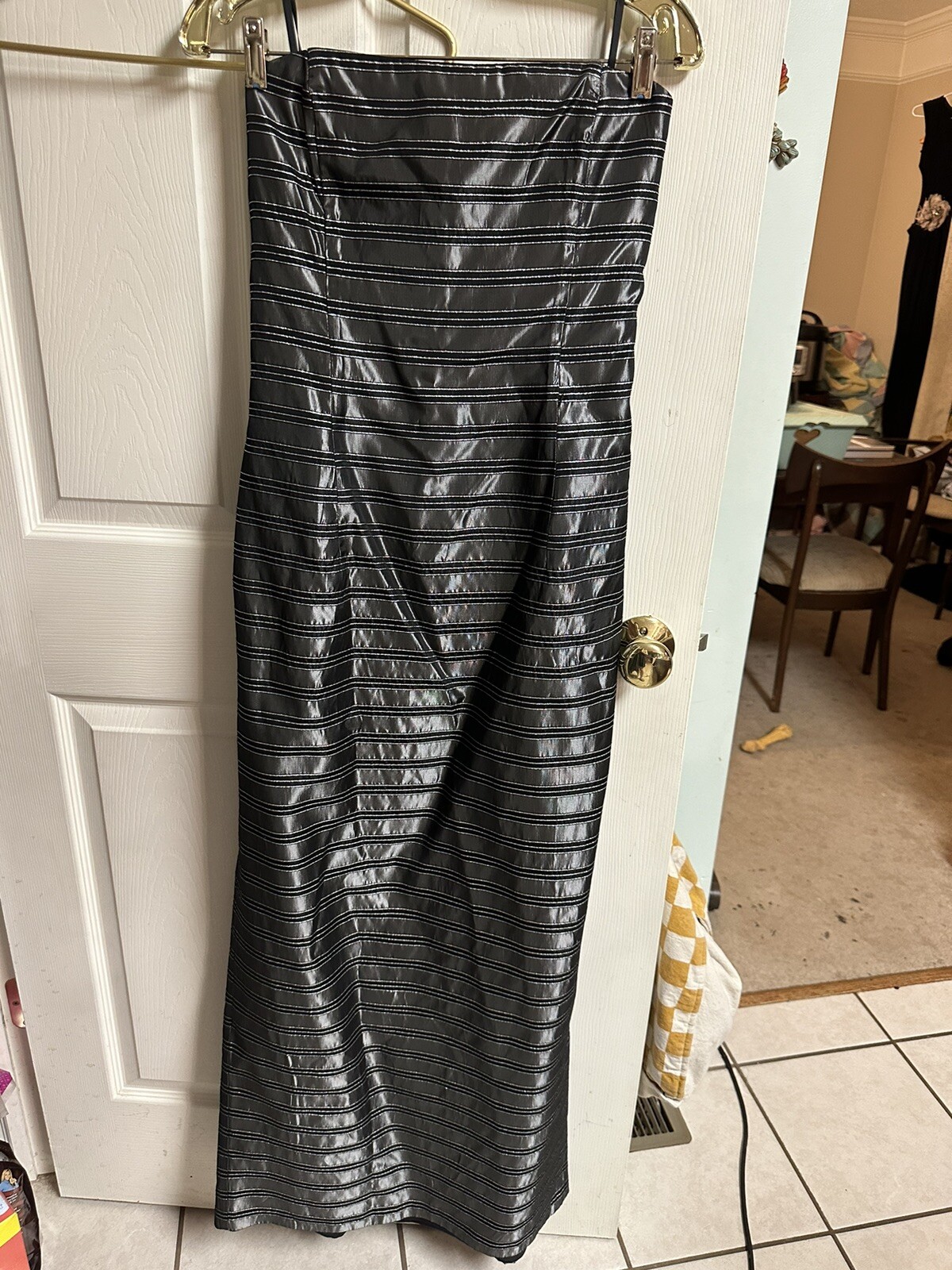 2pc Jacket Dress Set 90s Large Silver Gray Strapless Metallic Silky MOB Formal