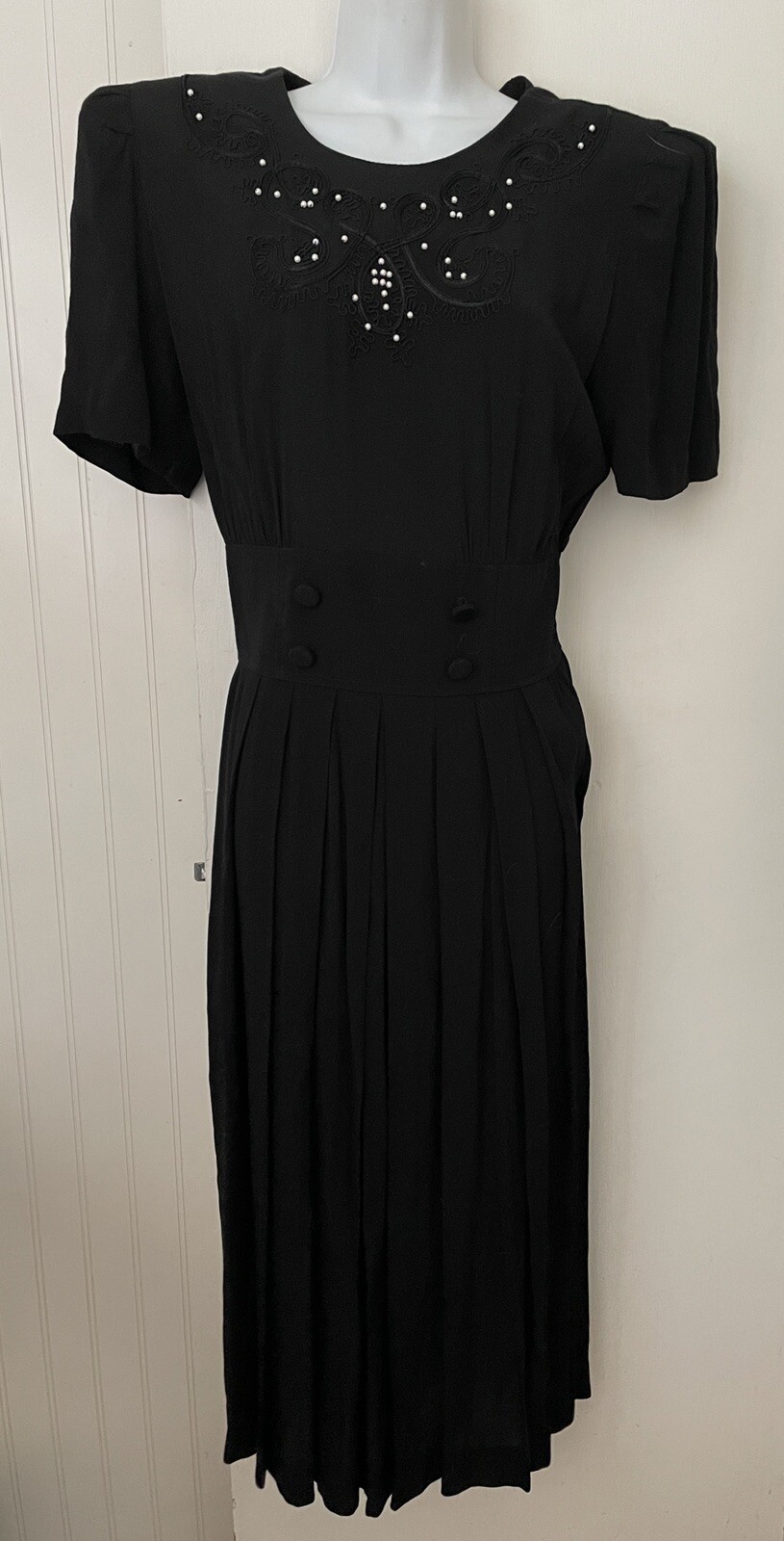 Karin Stevens vintage Black Beaded Shoulder Padded Long Dress Gothic 10 S M