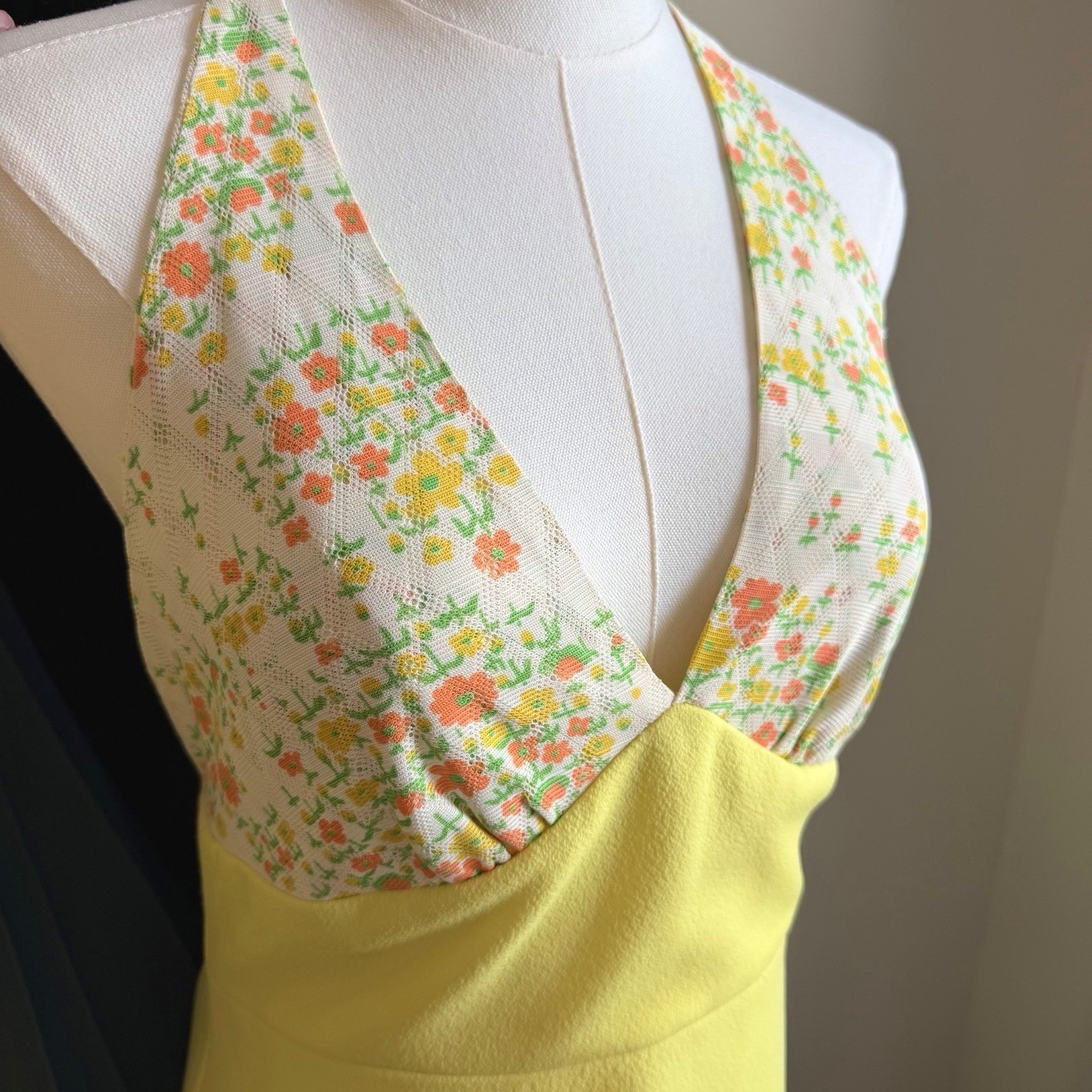 Vintage 1970s Halter Maxi Dress & Bolero Jacket Deep V Mod Floral Retro *Fits M