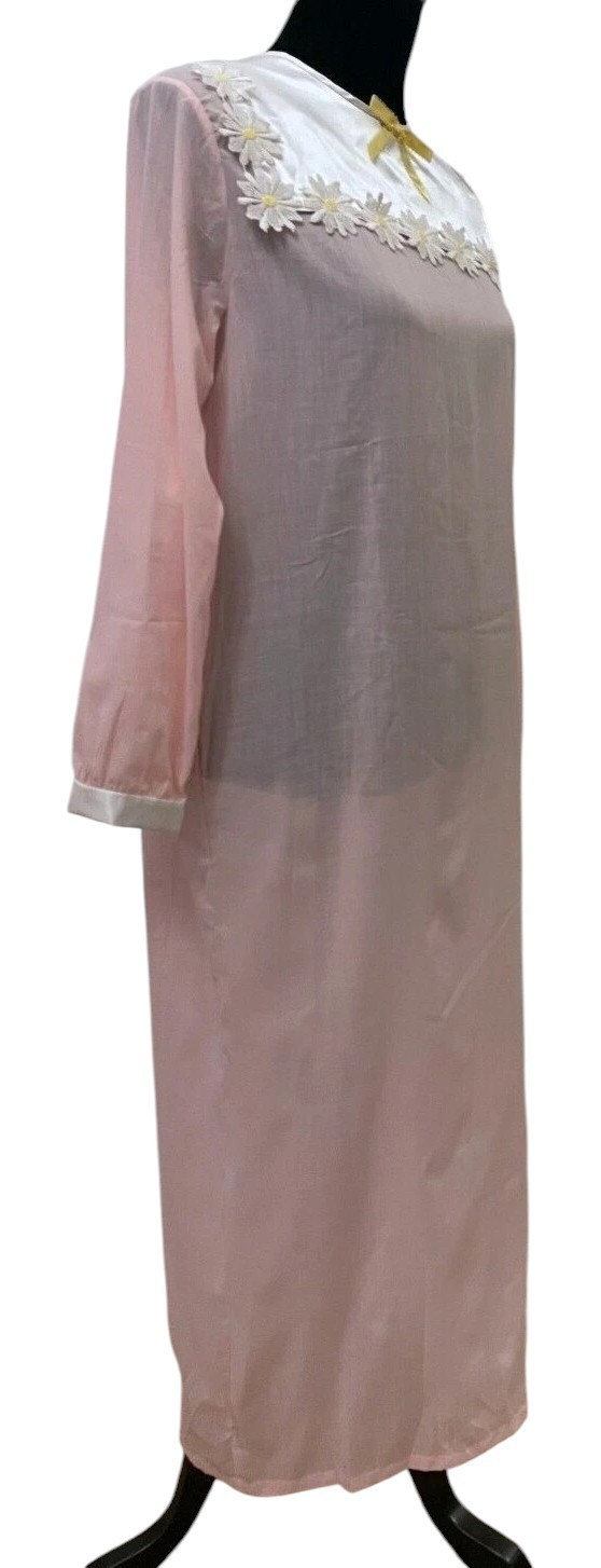 Vintage Sears Womens Cottage Core Long Gown Size 38-40 Large Pink Daisy Cotton