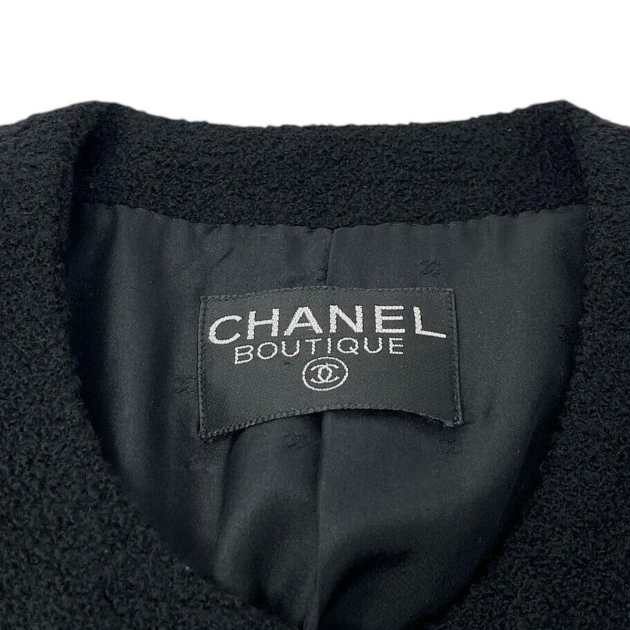 CHANEL Vintage CC Logo Long Tweed Jacket #M Coat Black Gold Wool Silk 105043