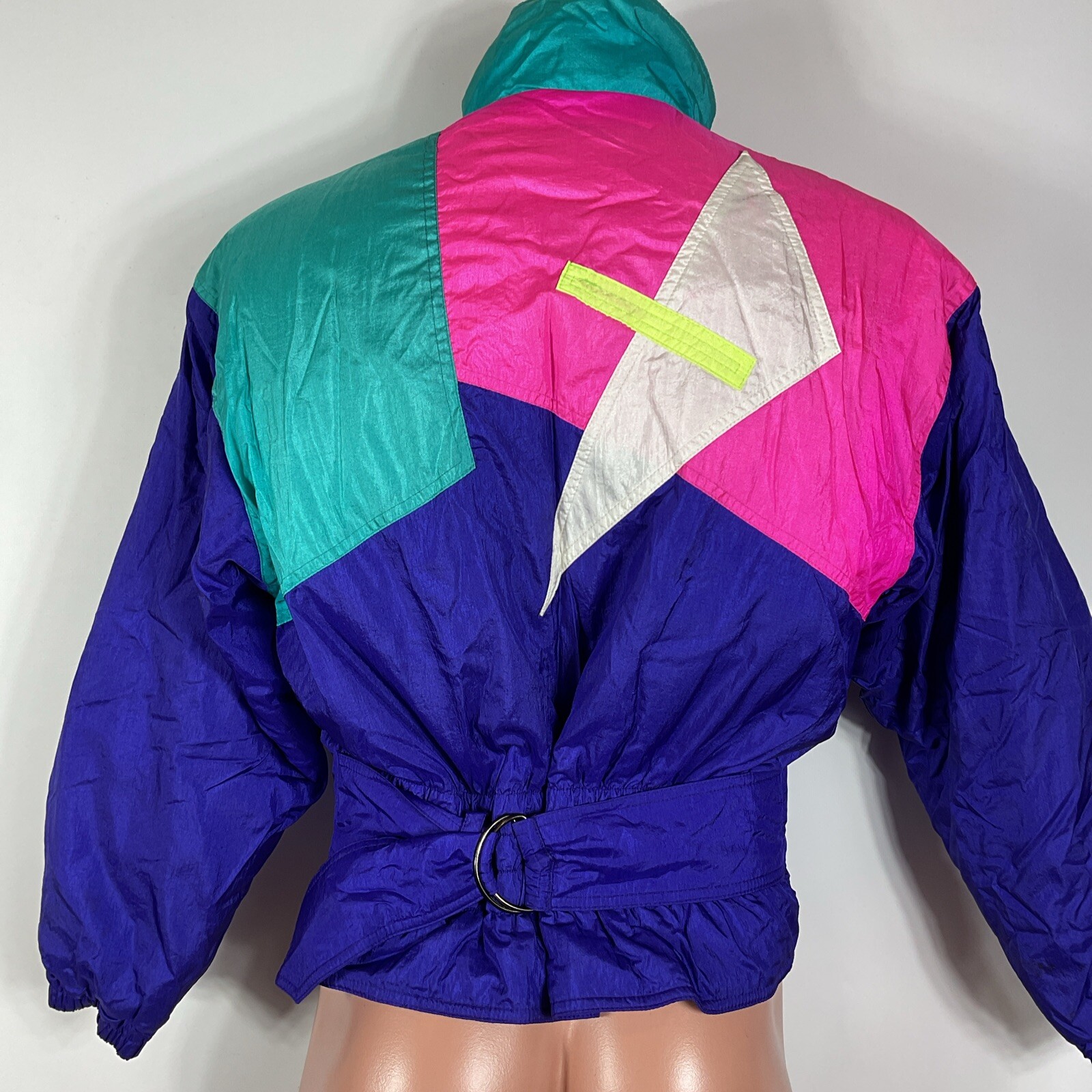 Vtg 80s SKI JACKET WINTER COAT BY FERA 10 Batwing Black Colorblock Neon Smocked