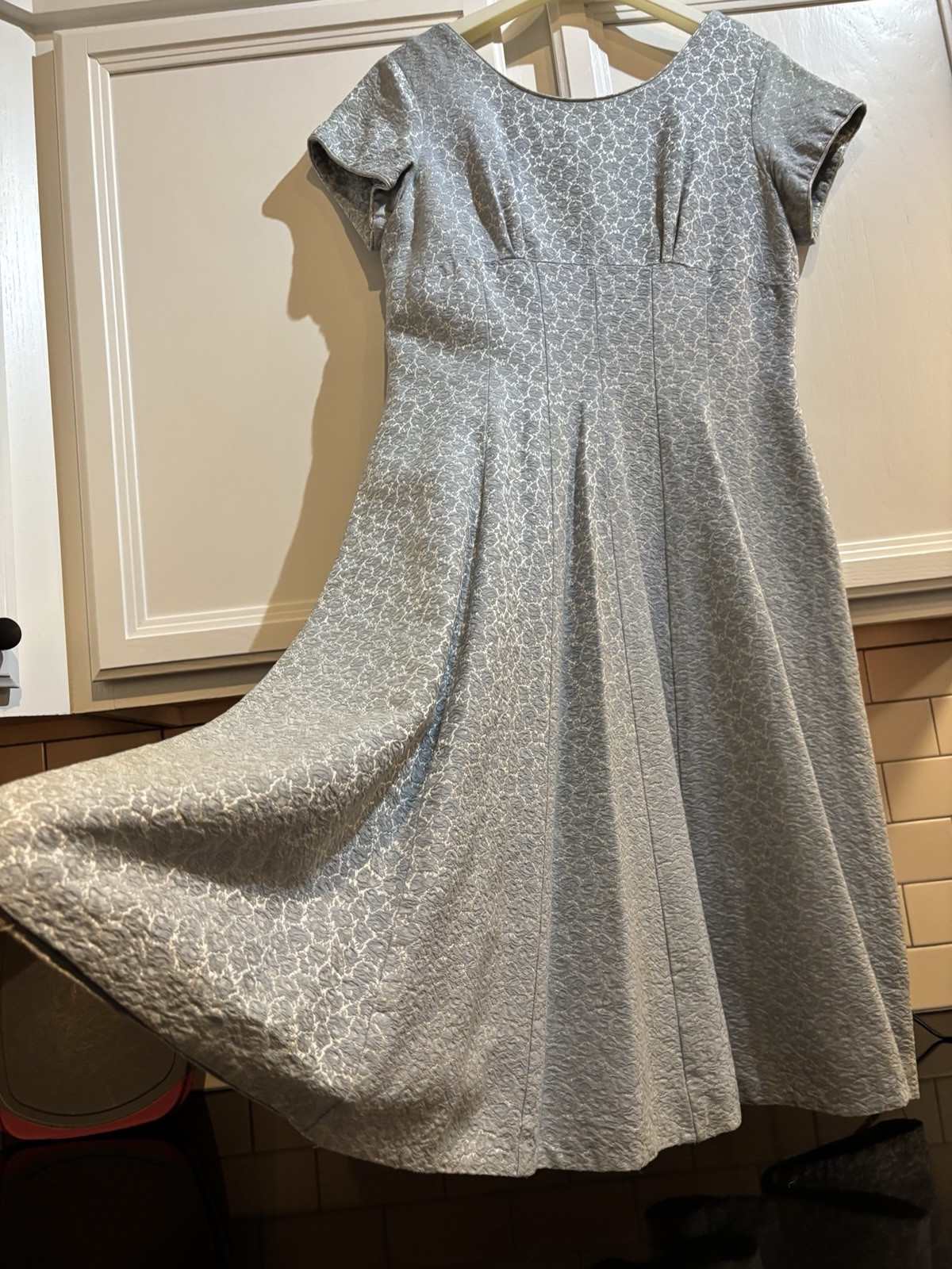 1960s Vintage Shimmering Powder Blue Floral Brocade Mid Length Dress. M/L Hand