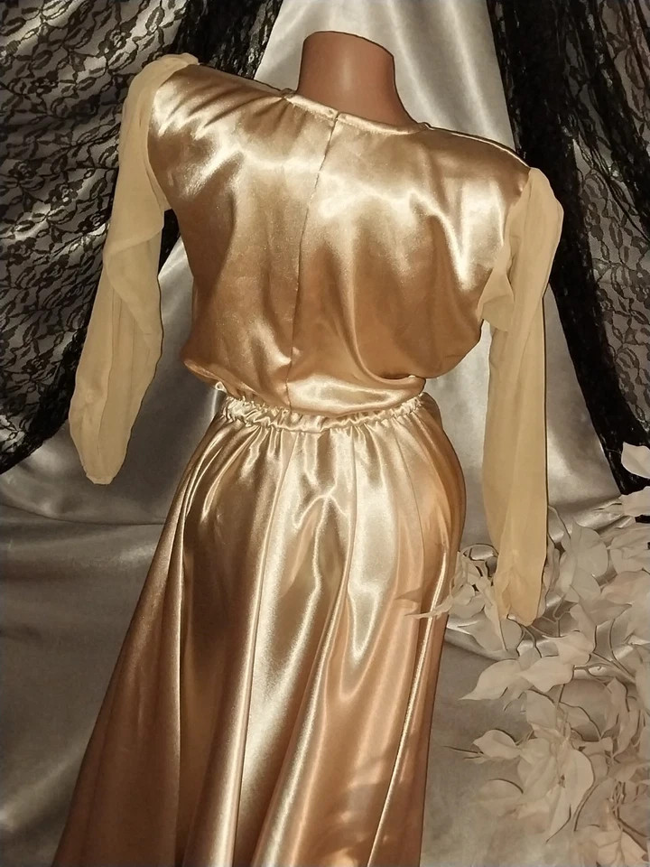 VTG REAL SATIN GOLD LAME 400&Prime; SWEEP 40S STYLE Wedding EVENING MAXI GLAM Dress 38