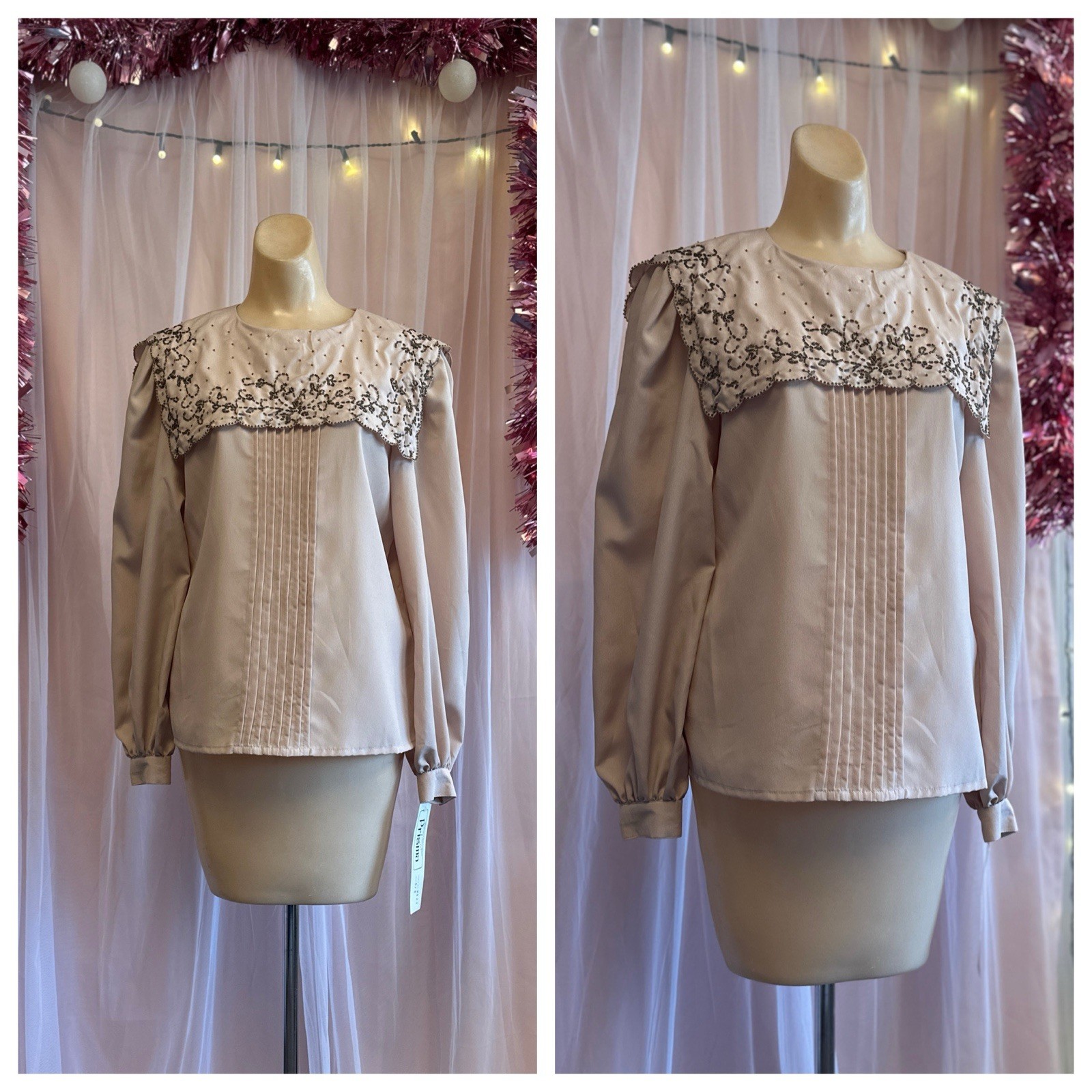 Vintage 80s Beaded Top Blouse Oversized Collar Prairie Edwardian Oversized S/M