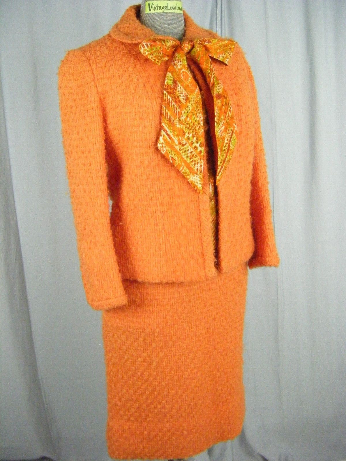 LILLI ANN Vtg 60s Orange Woven Wool Mod Jacket/Top/Skirt-Bust 36/Waist 24