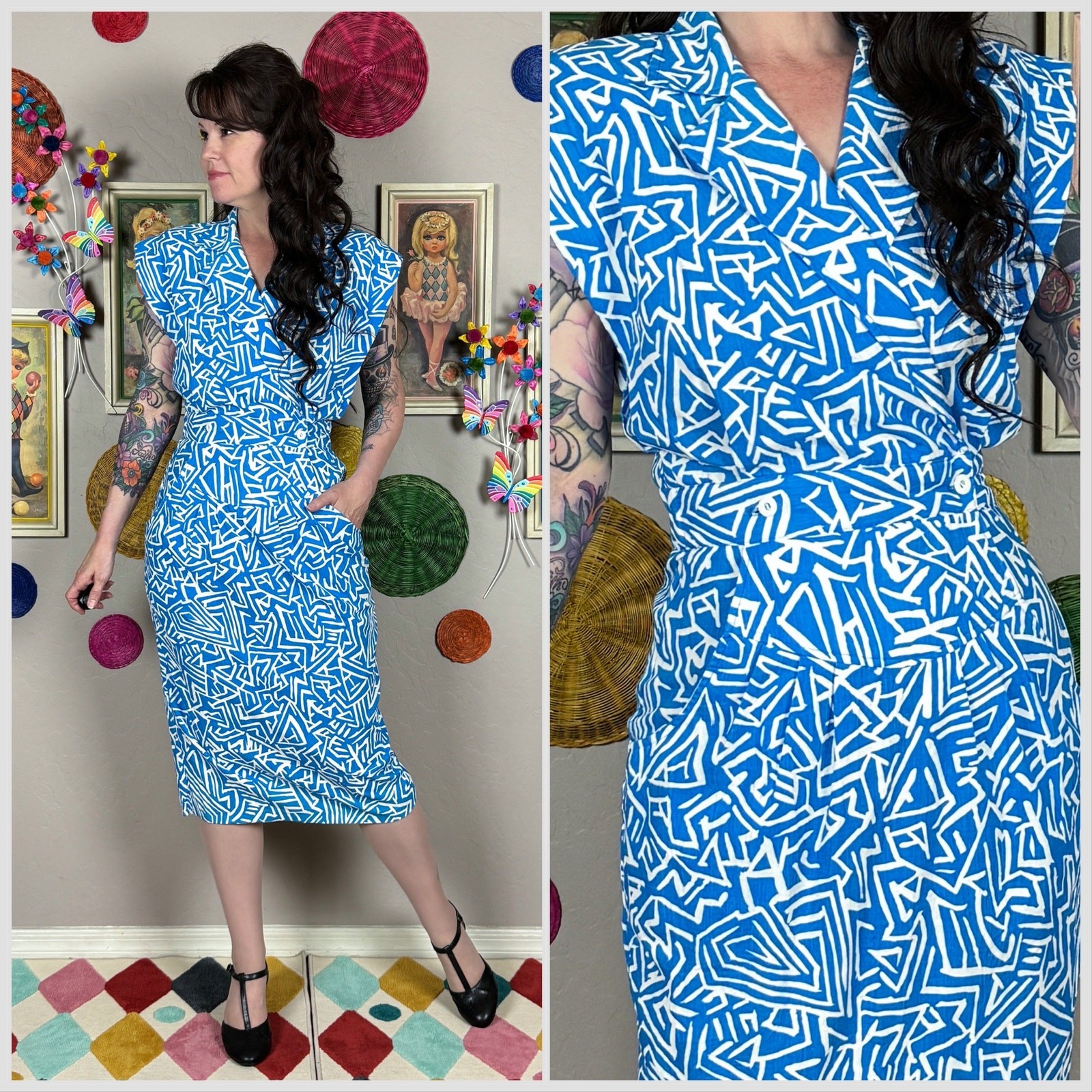 Vintage 1980s Blue & White Abstract Geometric Print Cotton Dress | 26&Prime;-28&Prime; Waist