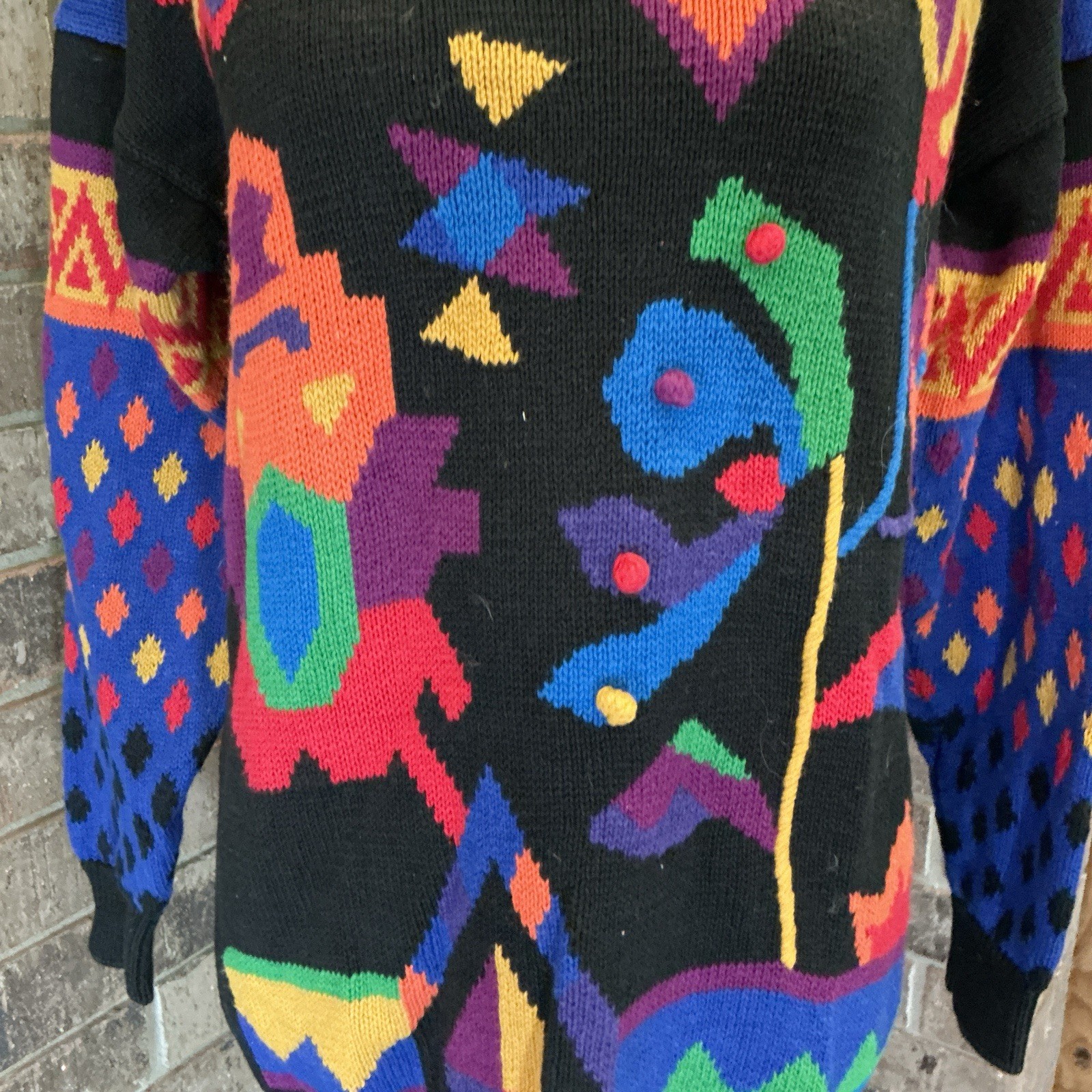 80s VINTAGE Rafaella Multicolor Abstract Knit Sweater Ramie Cotton Size S #50E7