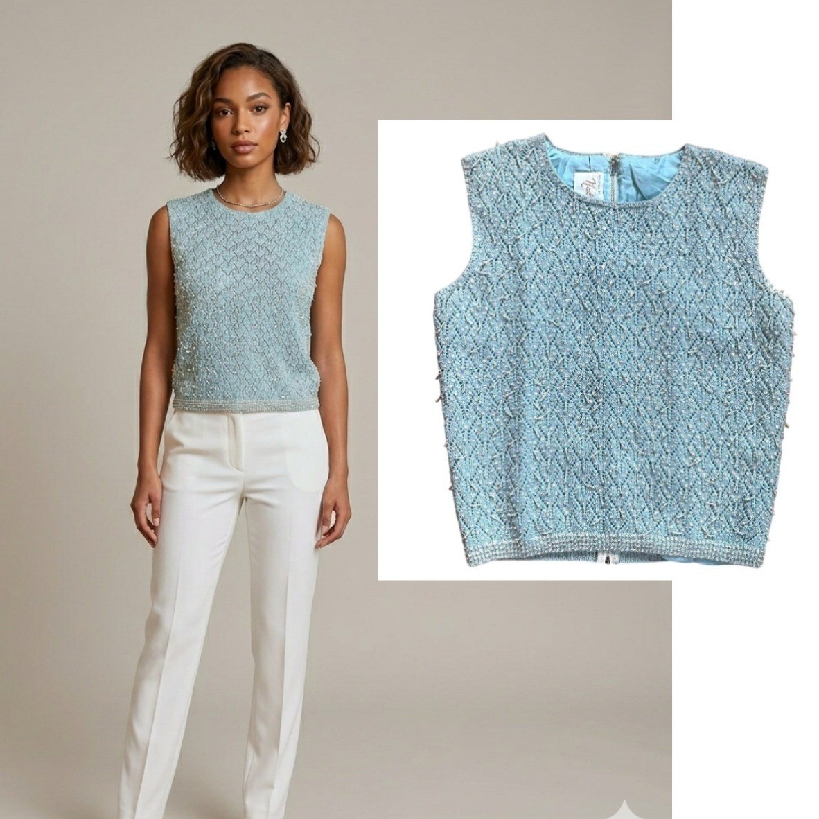 Vintage Nat Allen Hollywood Hand Beaded Sequin Knit Top Aqua Blue Size Small