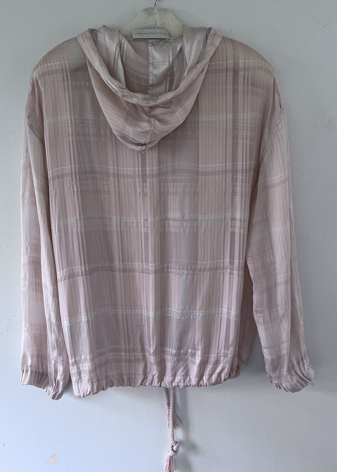 Stella McCartney Palest Pink Blue Plaid Silk Semi Sheer Drawstring Hoodie Sz 46