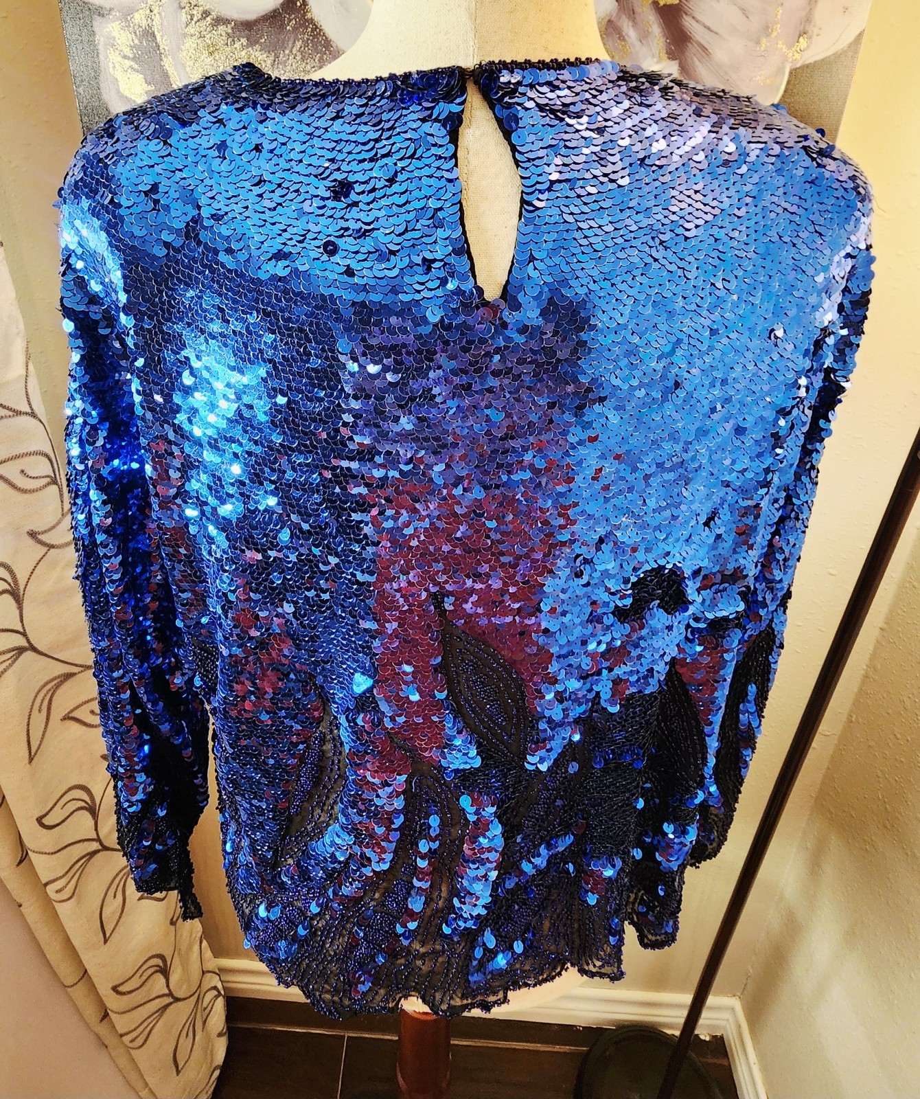 Vintage Oleg Cassini Black Tie Blue Sequin Flame Top XL Silk Beaded Trophy…