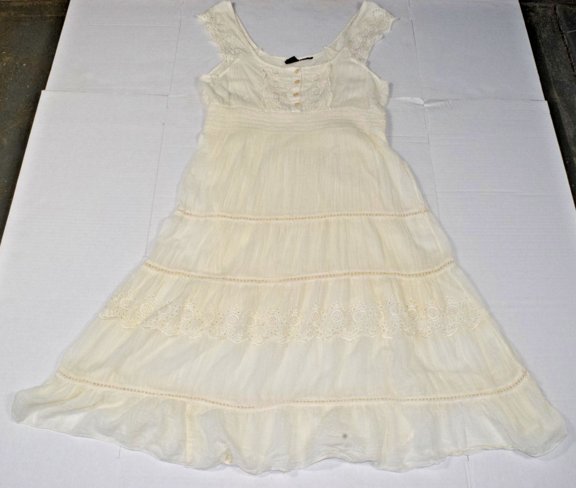 Vintage Dress SR Fashion Size M Y2K Ivory Gauzy Cotton Eyelet Lace Trim Layered