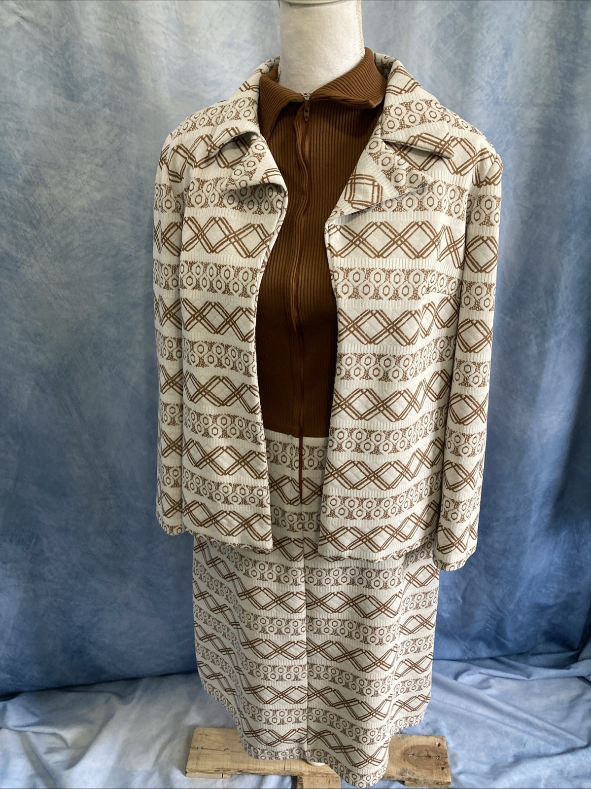Vtg 70s Mod Geometric Dress & Jacket Set Brown Tan MCM Shift Suit Nemo Zip EUC