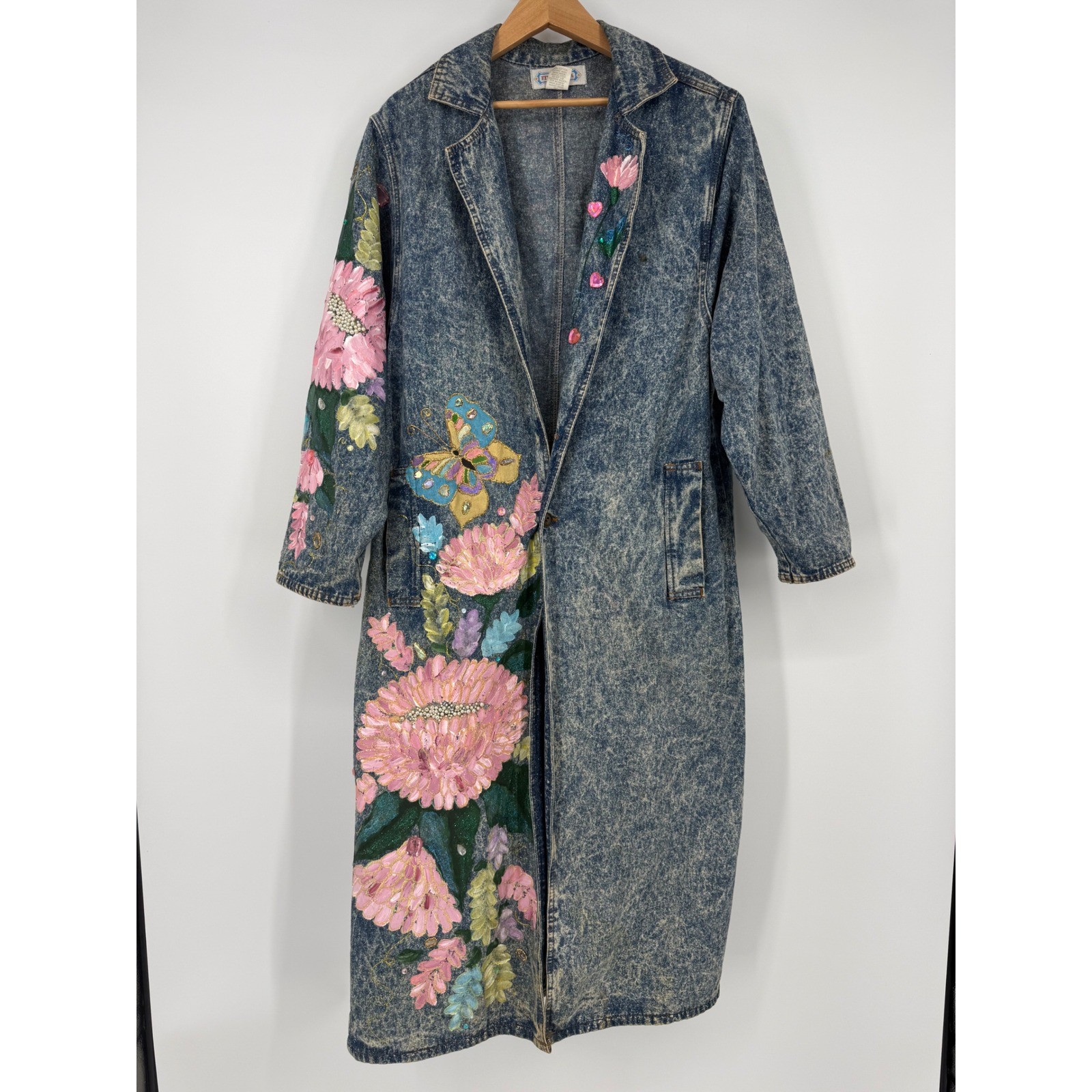 Vintage Fit America Womens Large Denim Trench Coat Hand Painted Floral Acid Wash