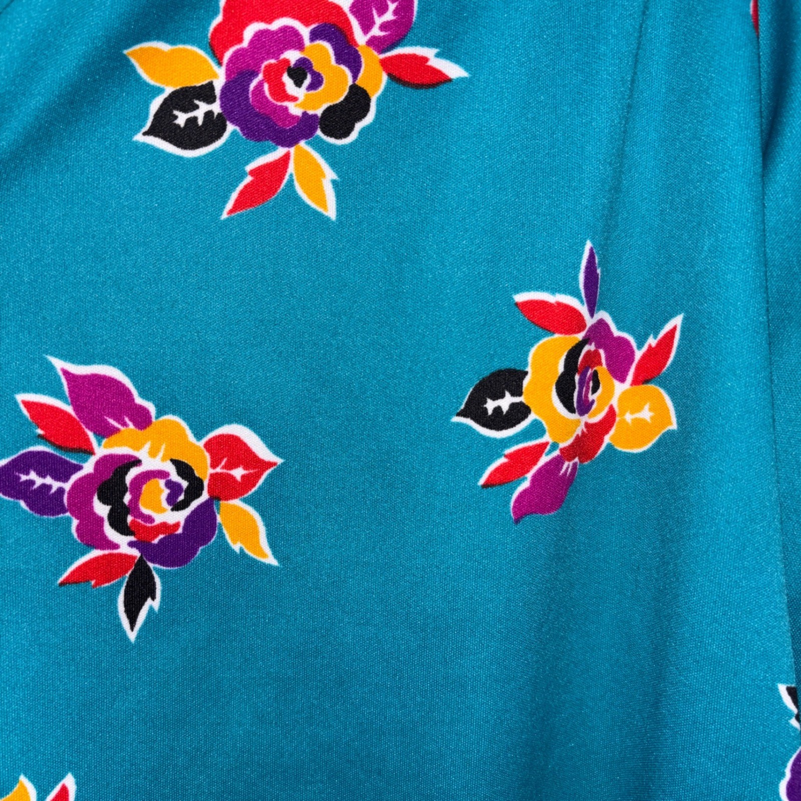 Vintage Teal Floral ButtonUp Blouse LongSleeve Retro Rose Print Top Size P2P 25&Prime;