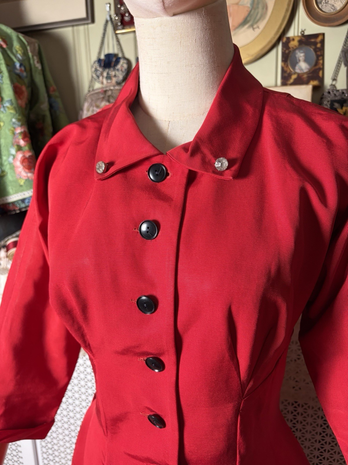 Vintage 1950s Bright Red Rayon Faille Tailored Fit And Flare Dress