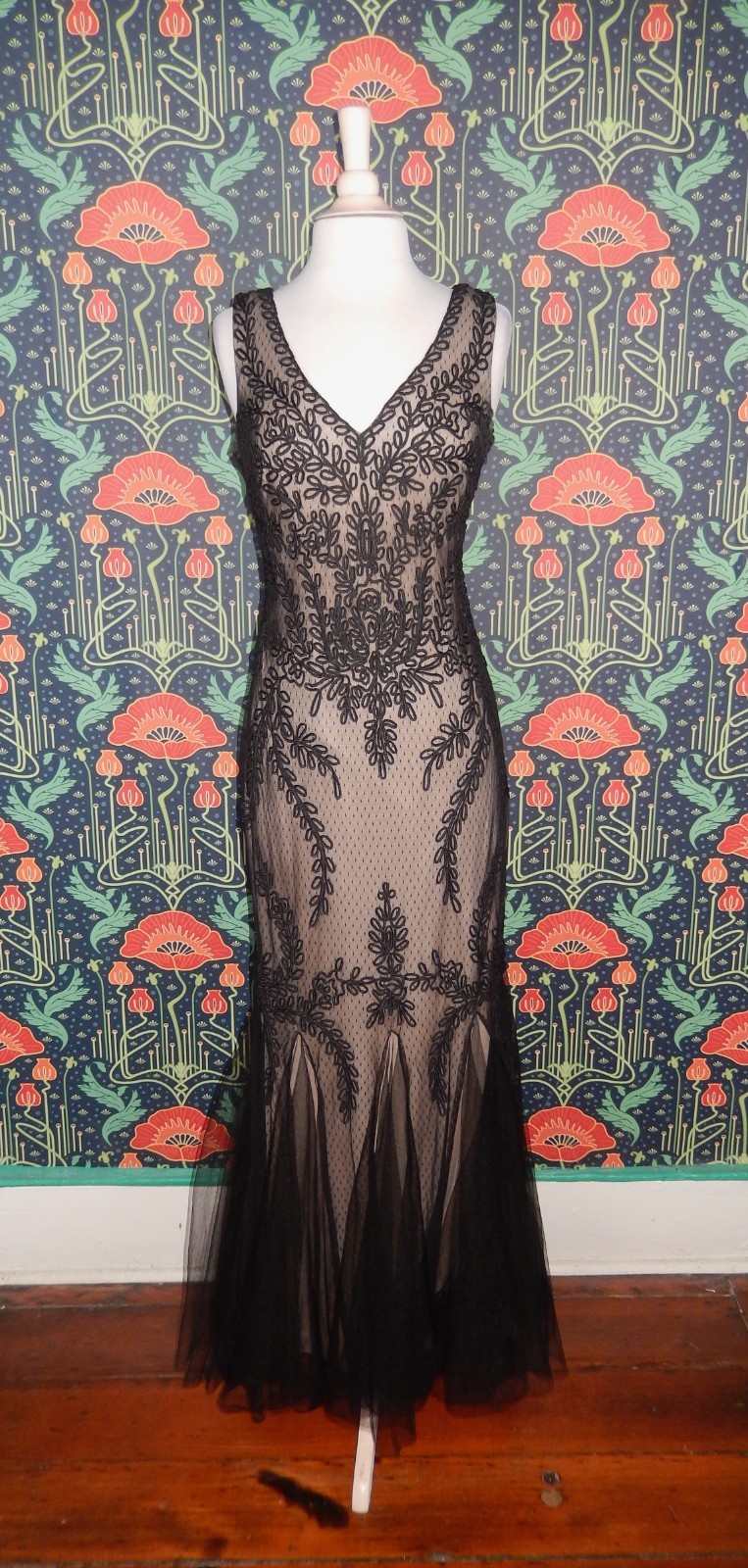Vintage Y2K Black Beige Prom Soutache Mesh Lace Formal Tulle Trumpet Dress