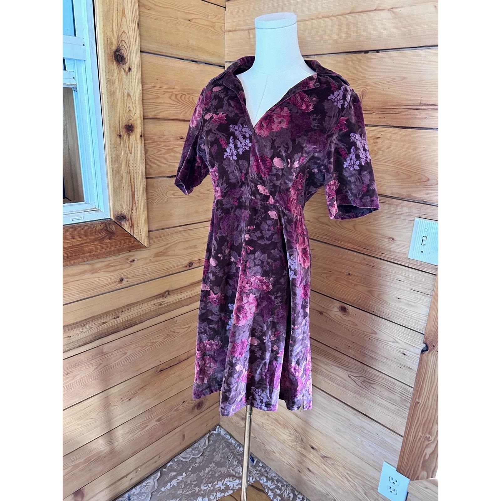 Vintage Thick Velour Floral Midi Dress Womens Large Plum Purple Handmade 70&rsquo;s