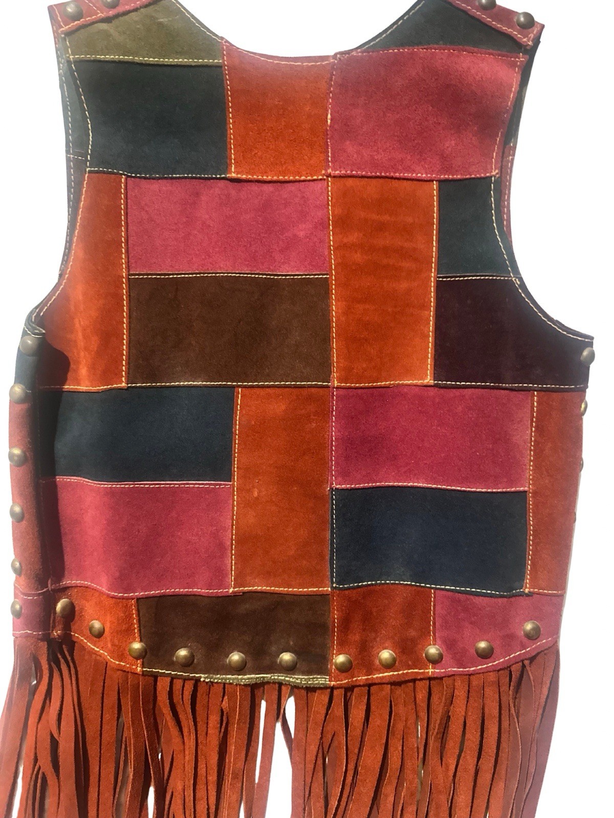 VINTAGE 1968 MONICA CANADA Suede Patchwork Fringe Vest Woodstock Hippie Rocker S