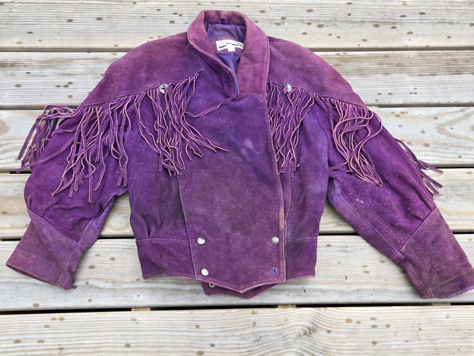 Vintage 80s Yearbook Purple Suede Fringe Jacket Western Cropped Motocycle Coat L