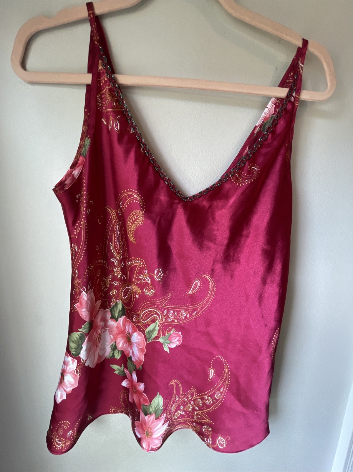 Vintage California Dynasty Polyester Satin M Floral Camisole Cami Tank USA 1980s