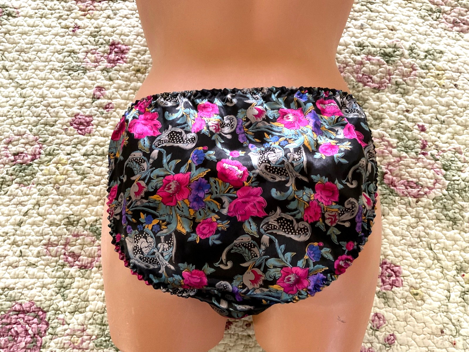 Shiny Vintage PANTIES Rose SATIN String Bikini BRIEF Silky BOW Floral Print S/5