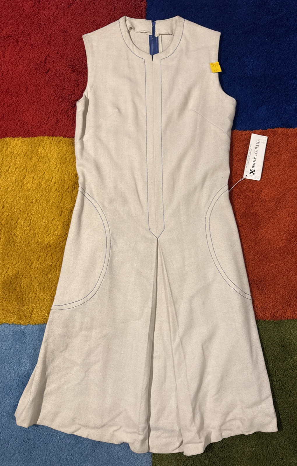 Vintage Beige Rayon Dress 1960s 70s Sleeveless Zip Back 2 Pockets Deadstock New